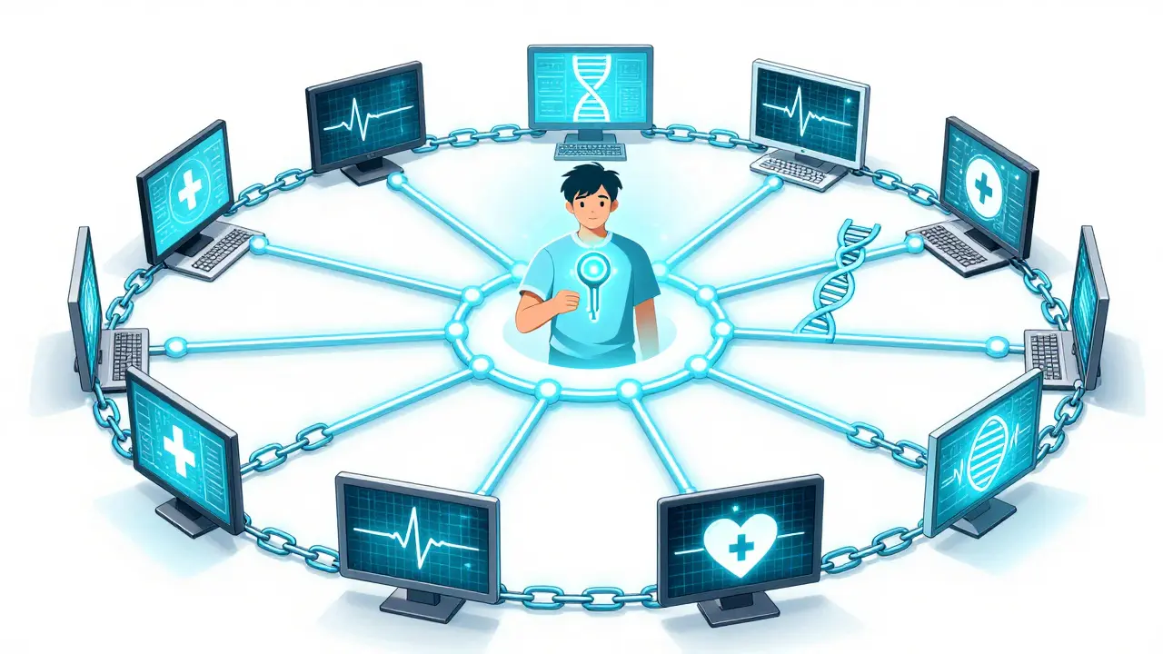 Decentralized blockchain nodes securing medical data in manga art