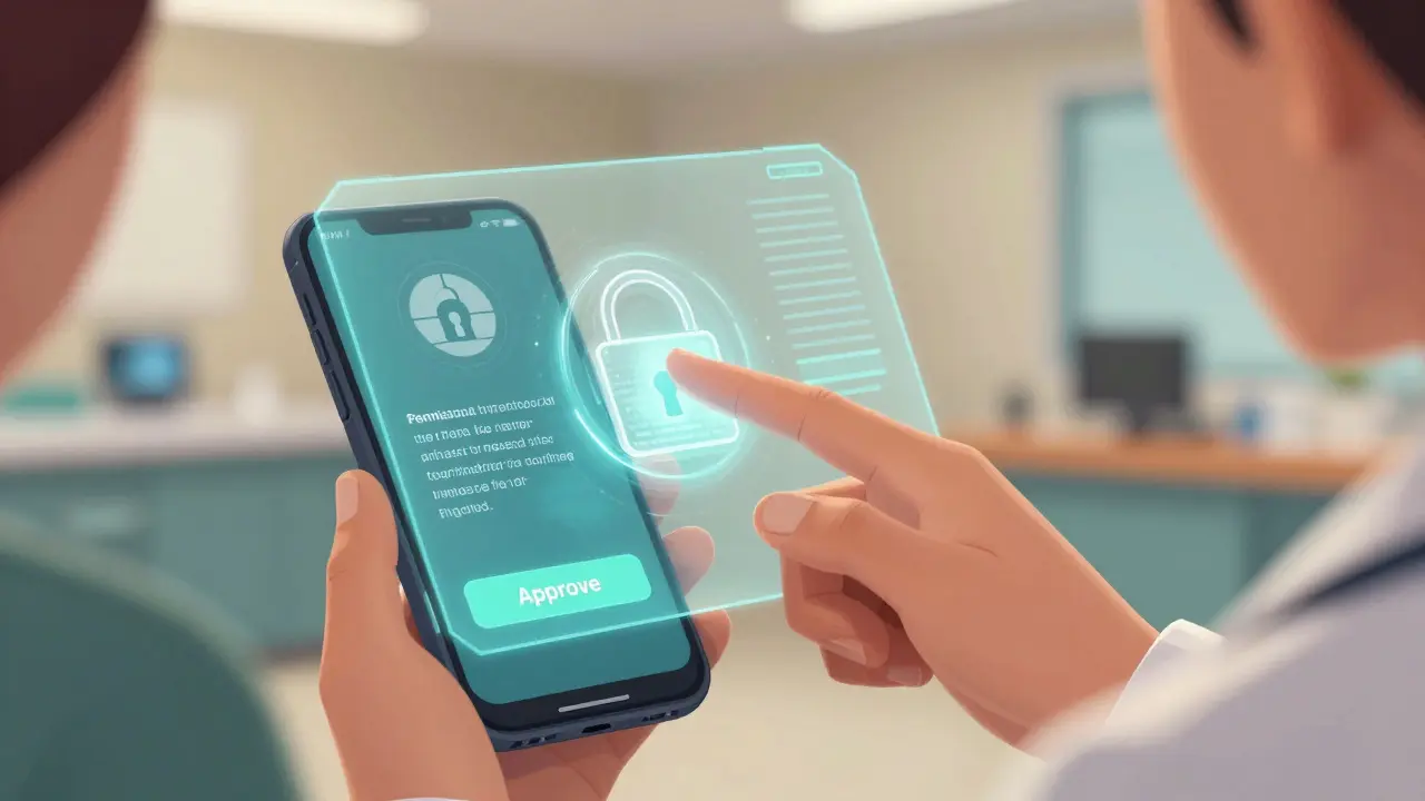 Doctor requesting access via smart contract hologram in manga style