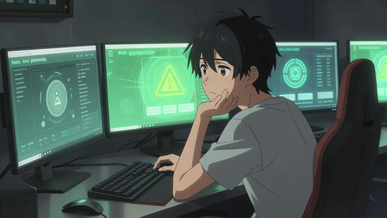 Gamer checking crypto data on monitors cautiously