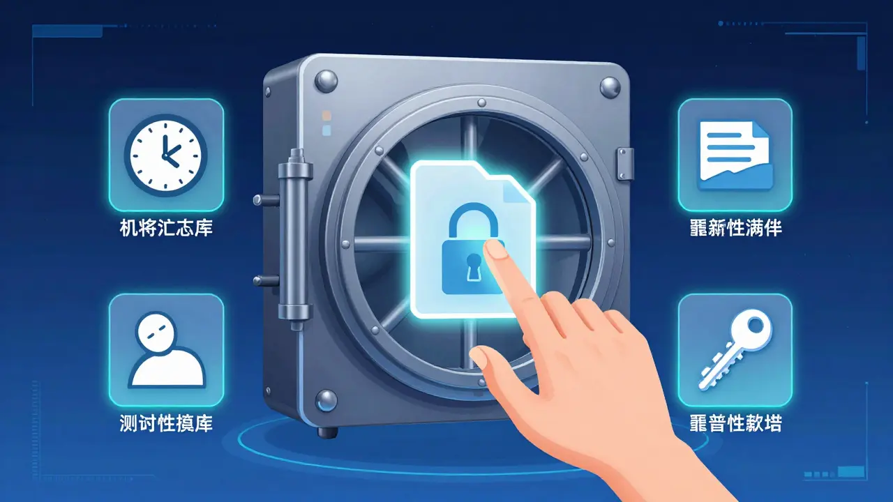 Hand interacting with a secure digital vault and access trigger icons.