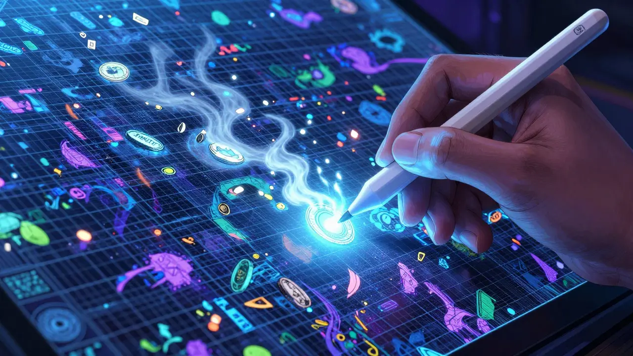 Hand using stylus on pixel grid while PAINT tokens burn away in smoke.