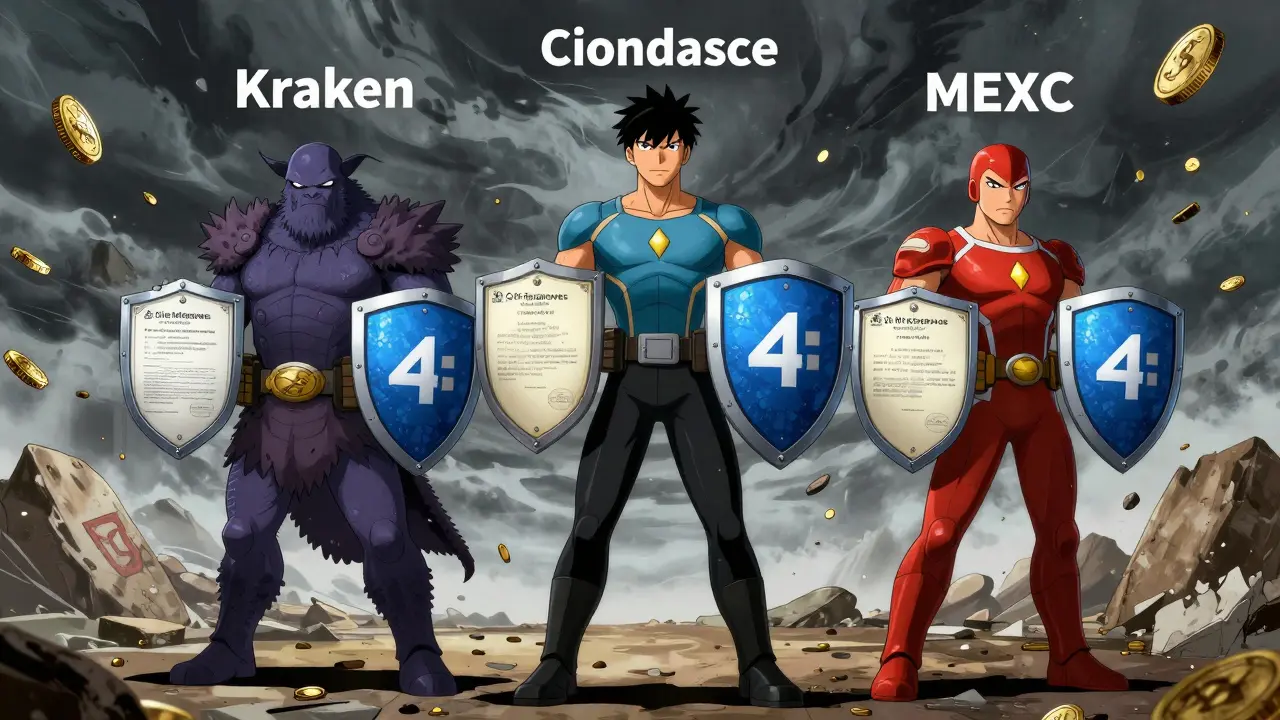Heroic figures representing safe exchanges vs dark chaos of scams