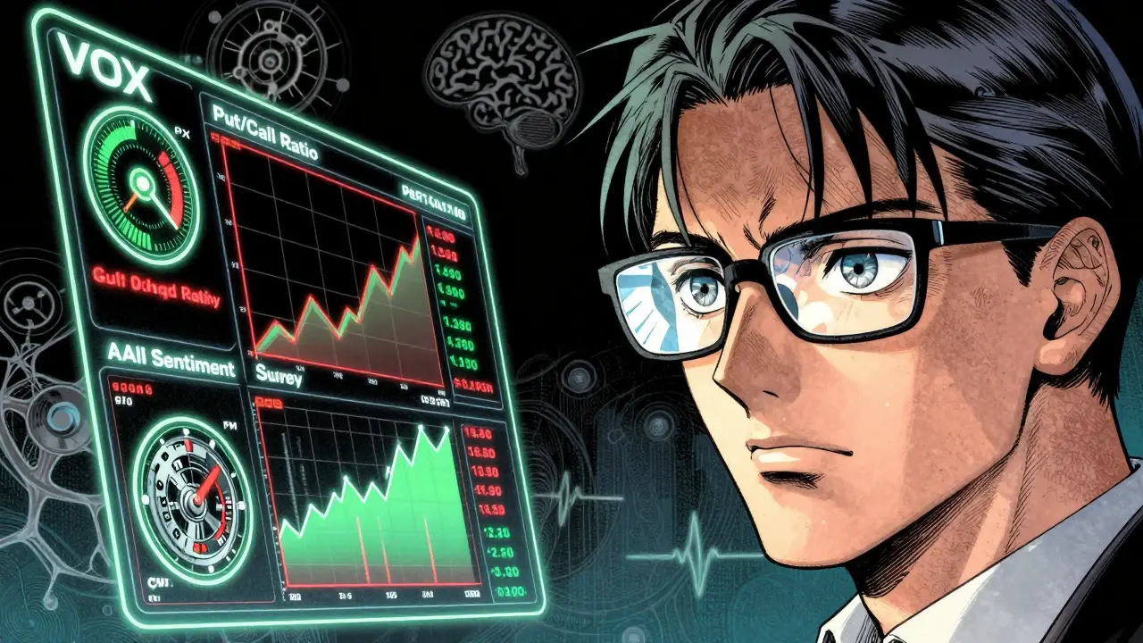 Investor analyzes glowing sentiment data dashboards in cyberpunk manga art