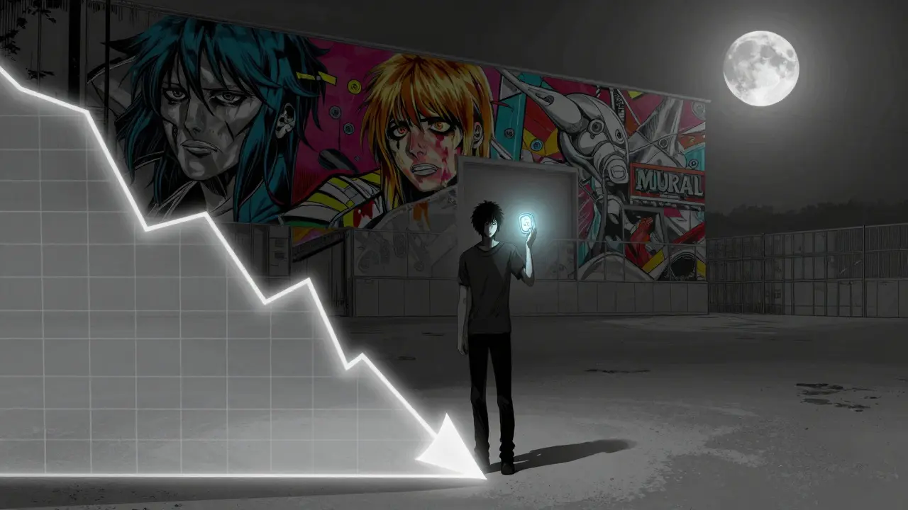Lone figure in faded digital void holding a dim token near a crash chart.