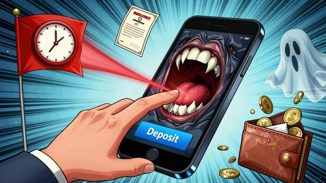 Manga art of a deposit button turning into a monster, showing scam risks