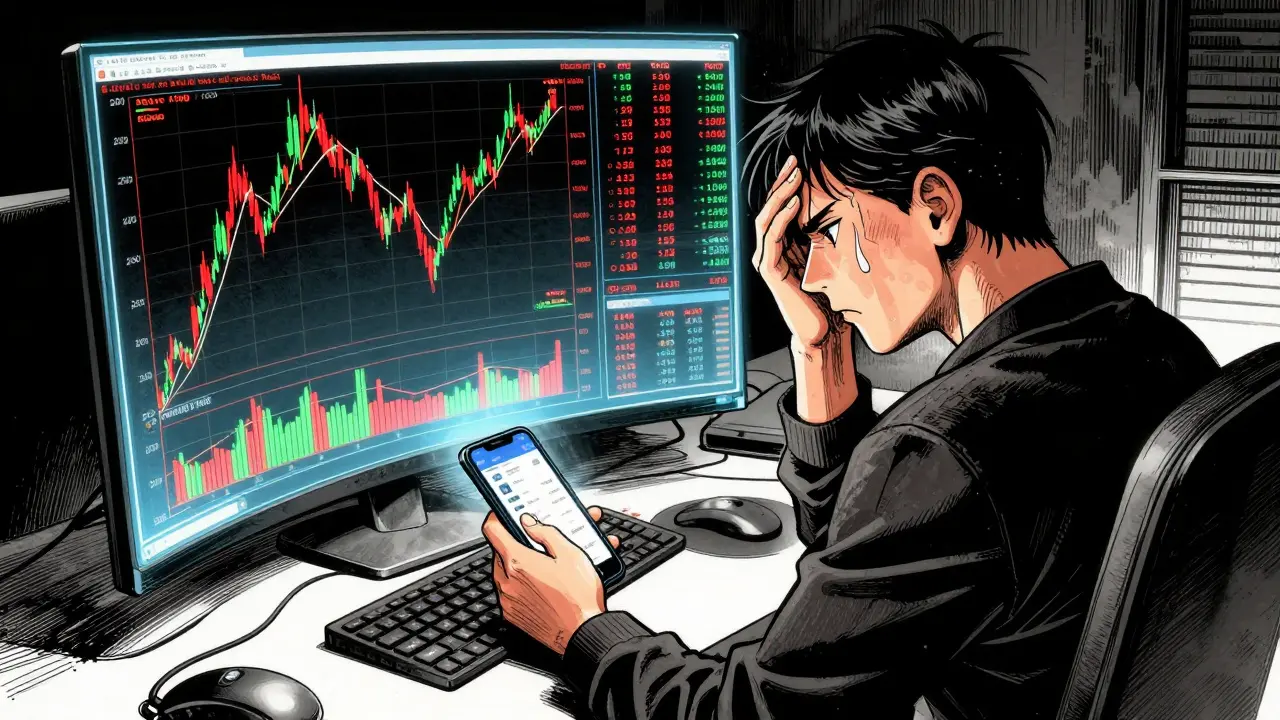 Manga character stressed by volatile crypto trading charts