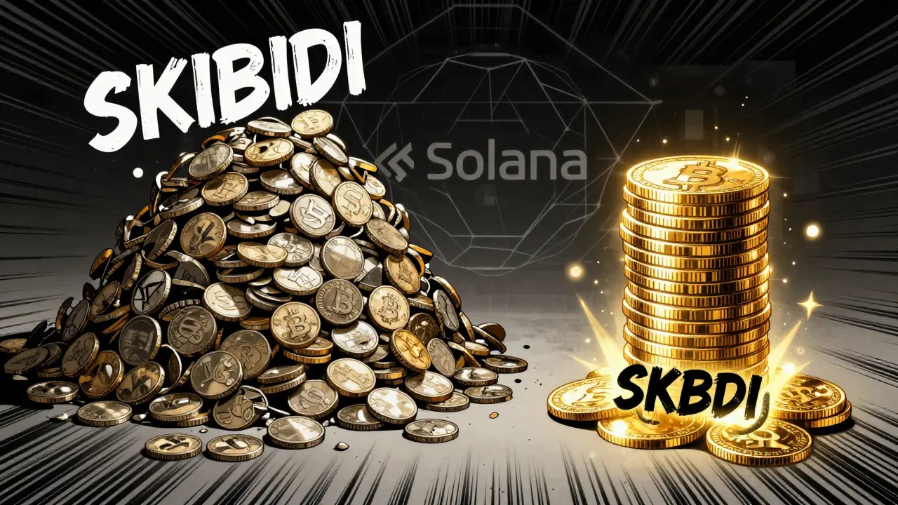 Manga illustration comparing two different Skibidi crypto tokens with volatile market charts