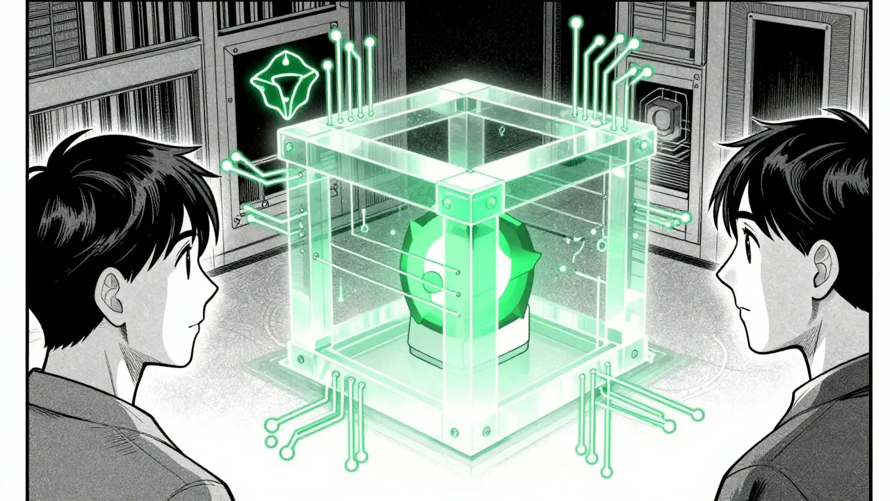 Manga illustration of a secure smart contract escrow system on Tezos