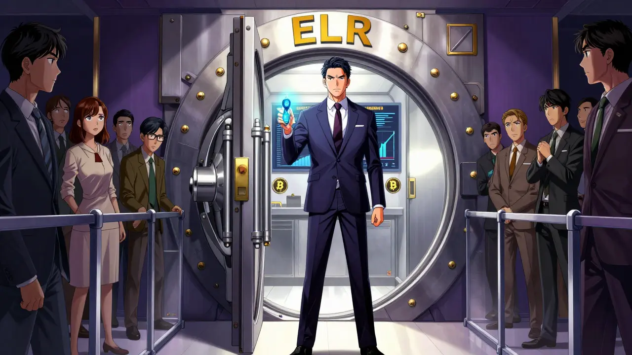 Manga illustration of elite investors accessing crypto markets while others are locked out