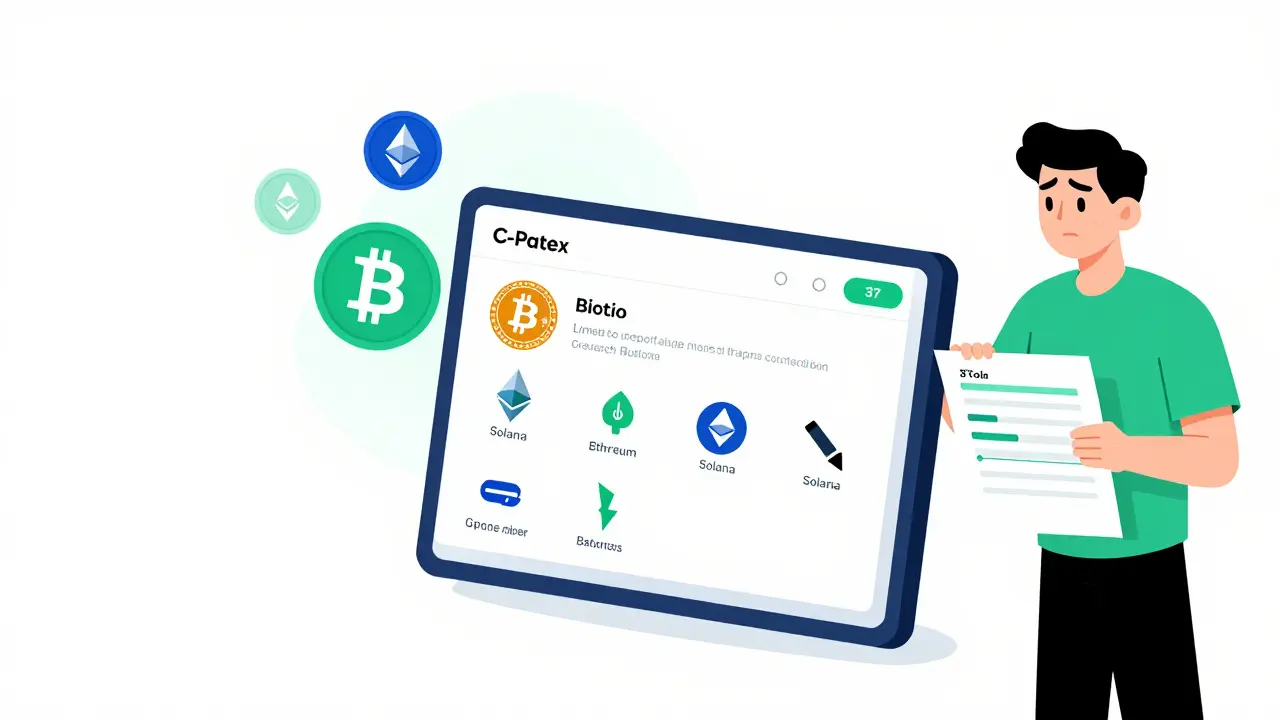 Manga illustration showing limited crypto assets on C-Patex interface