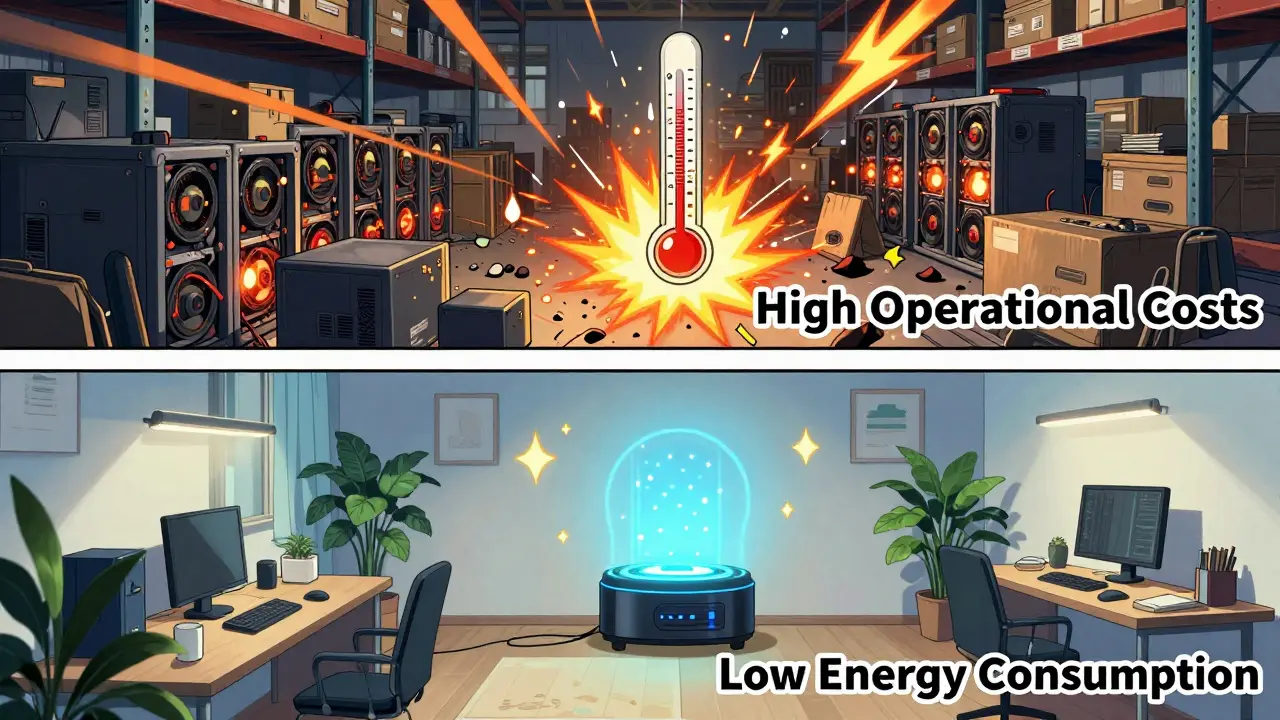 Manga infographic showing high cost mining vs low energy staking