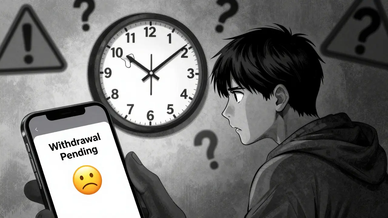 Manga scene depicting frustration with slow C-Patex withdrawals