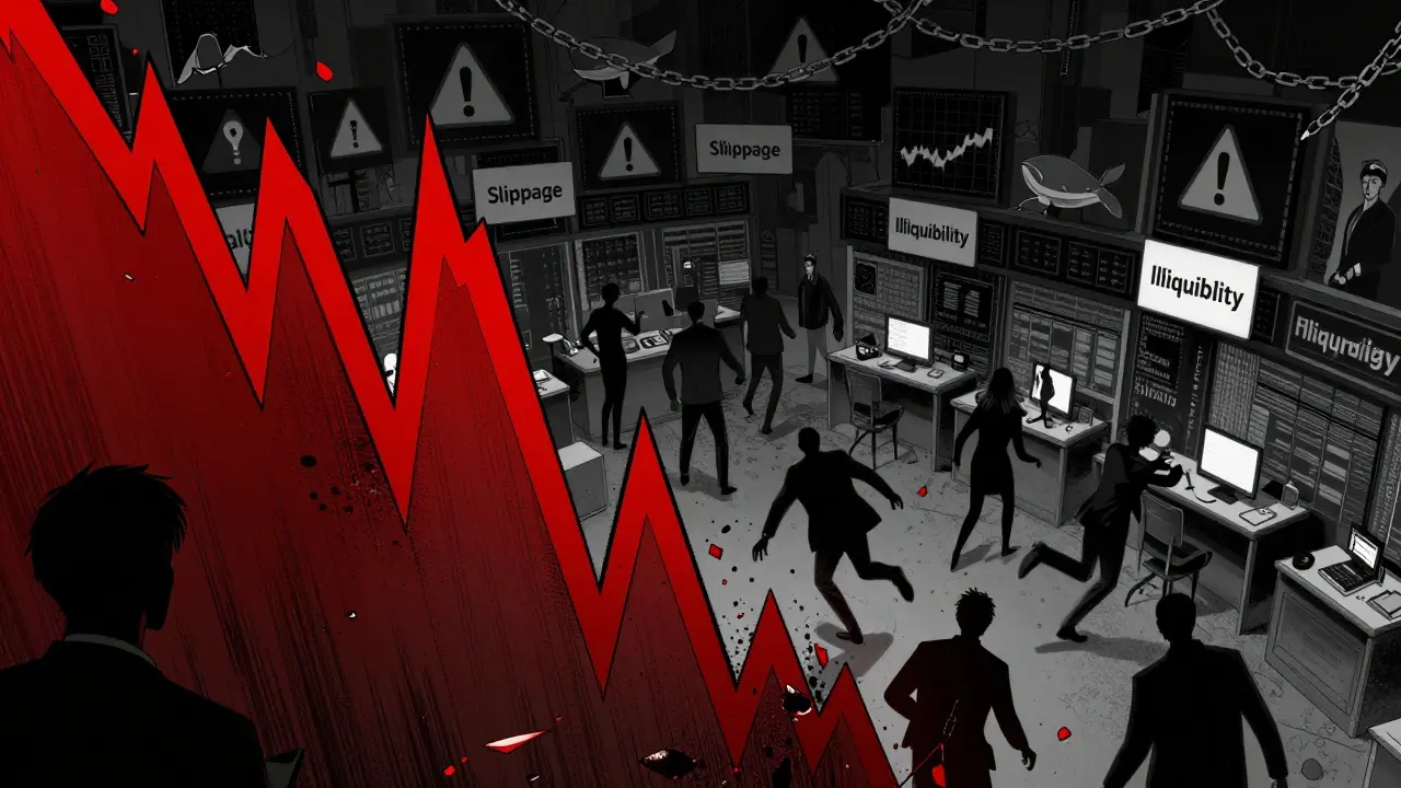 Manga style: Dramatic red chart crashing down with shadowy figures falling