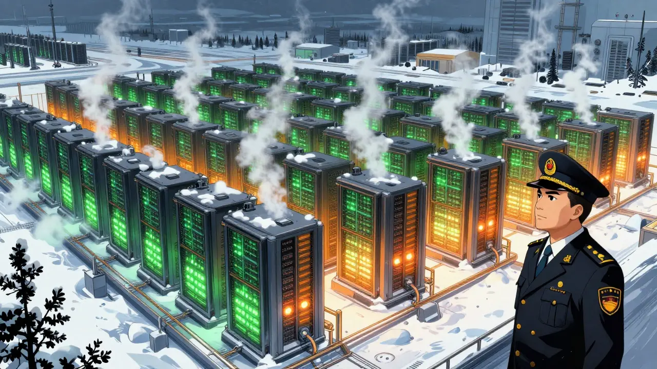 Manga style image of a large, state-supported crypto mining facility in snowy Russia