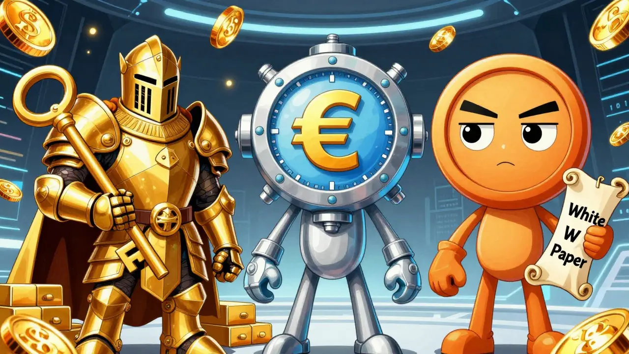 Manga style personified crypto tokens showing different risk levels