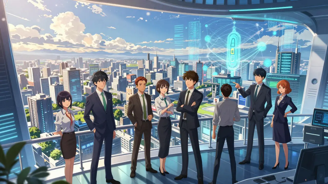 Manga style professionals overlooking a consolidated crypto cityscape
