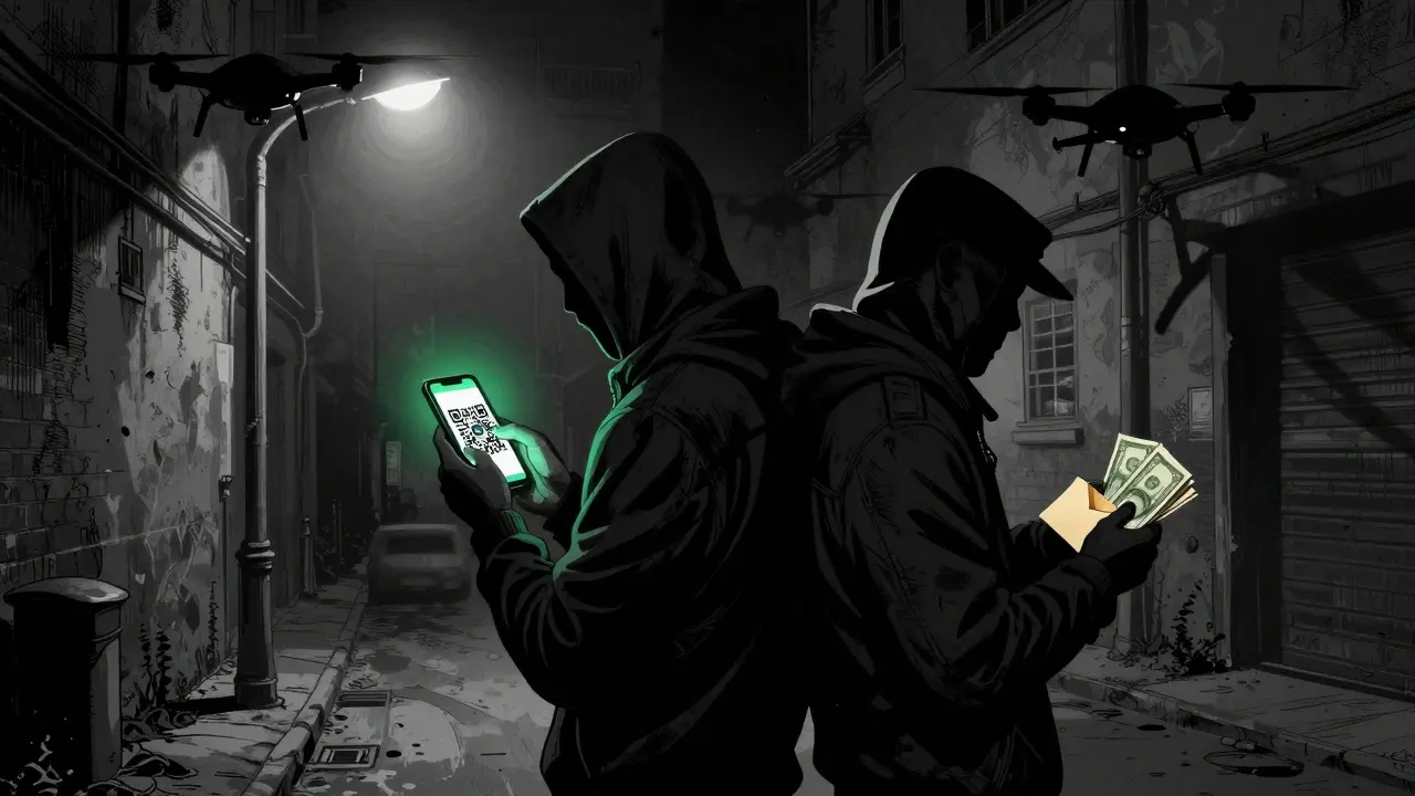 Manga style: Secretive P2P crypto trade in dark alley with police drones hovering overhead.