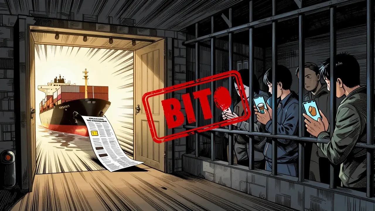 Manga style: Split view showing allowed international trade vs banned domestic crypto