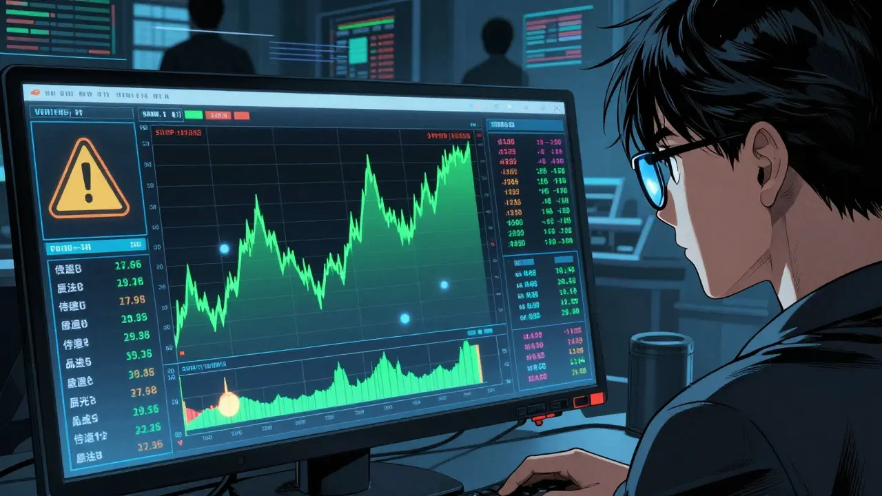 Manga style trader monitors volatile charts and risk metrics on a futuristic dashboard.