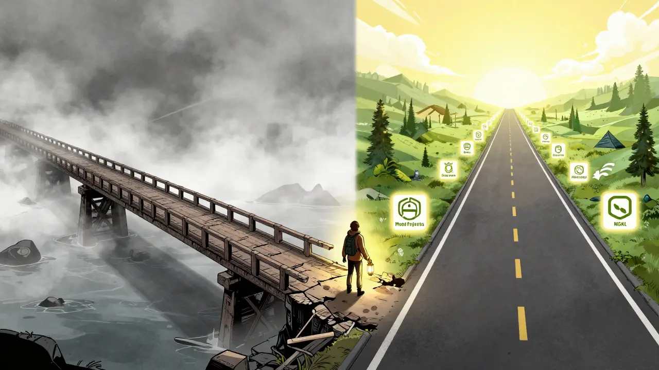 Manga style: Traveler choosing between a crumbling bridge and a bright highway