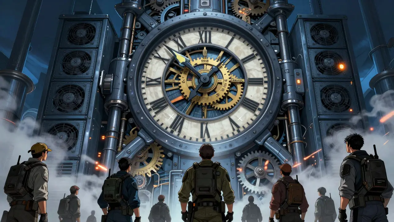 Mechanical clock tower with server racks, illustrating Bitcoin's 10-minute block time.