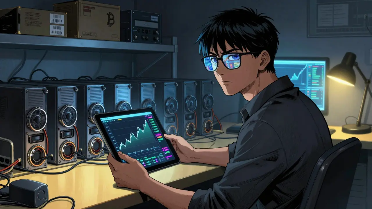Miner analyzing profit graphs in a room full of ASIC rigs, showing strategic planning.