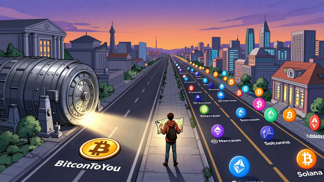 Person choosing between narrow reliable path and busy crypto highway