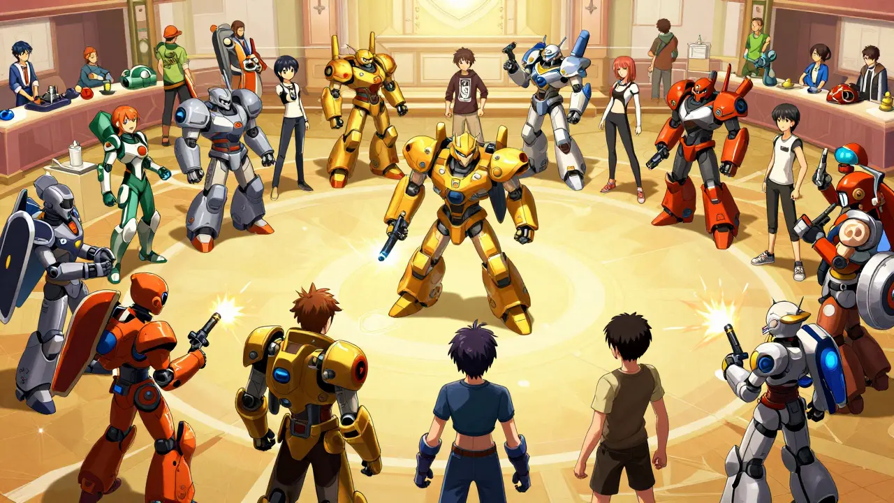 Players designing robots in a virtual guild hall