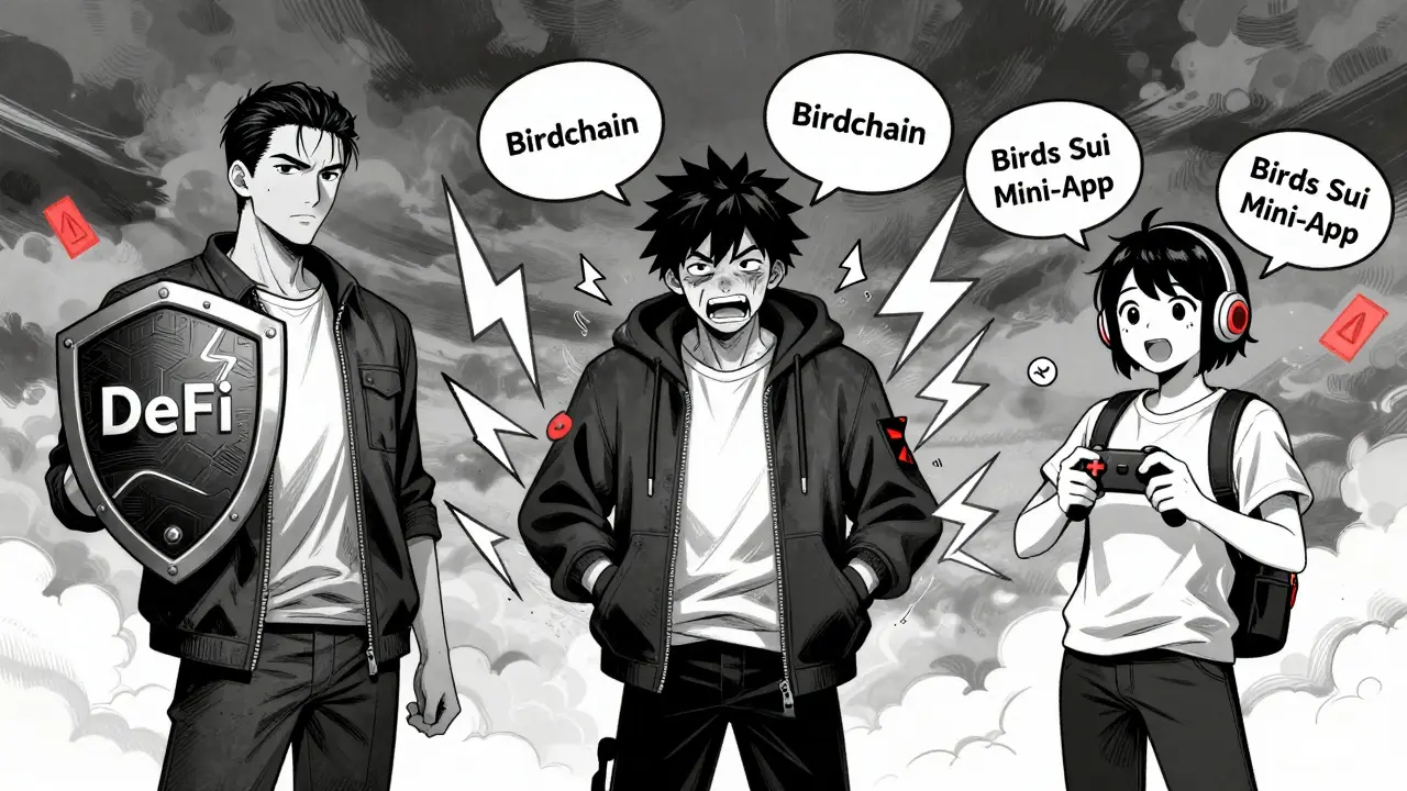 Three distinct characters representing different bird-themed crypto projects