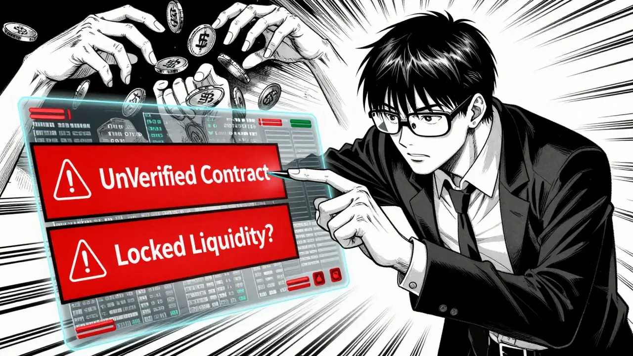 Analyst inspecting blockchain data while avoiding rug pull threats