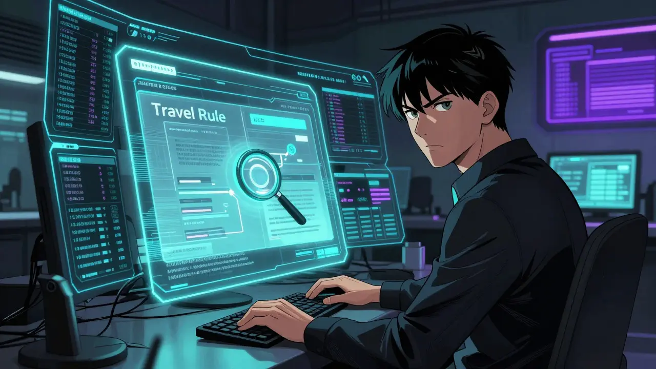 Analyst monitoring crypto transactions on holographic screens