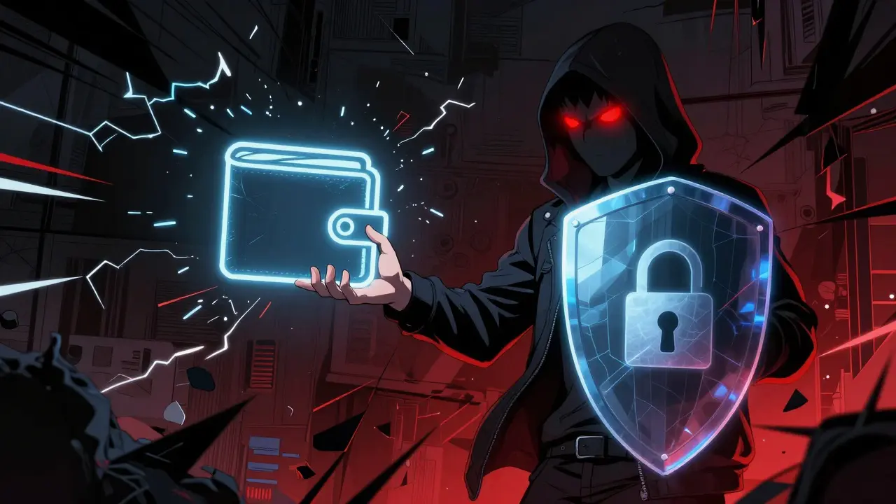 Anime art warning against crypto scams with a hacker reaching for a wallet