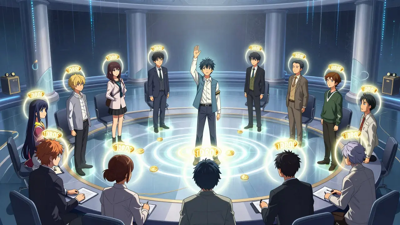 Anime group voting in a virtual hall with staked TDROP halos