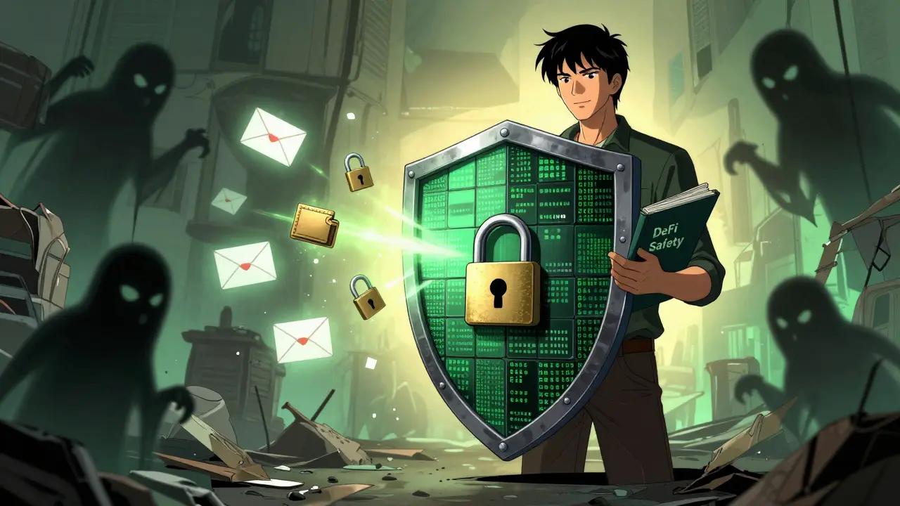 Anime hero protected by a digital shield against cyber threats