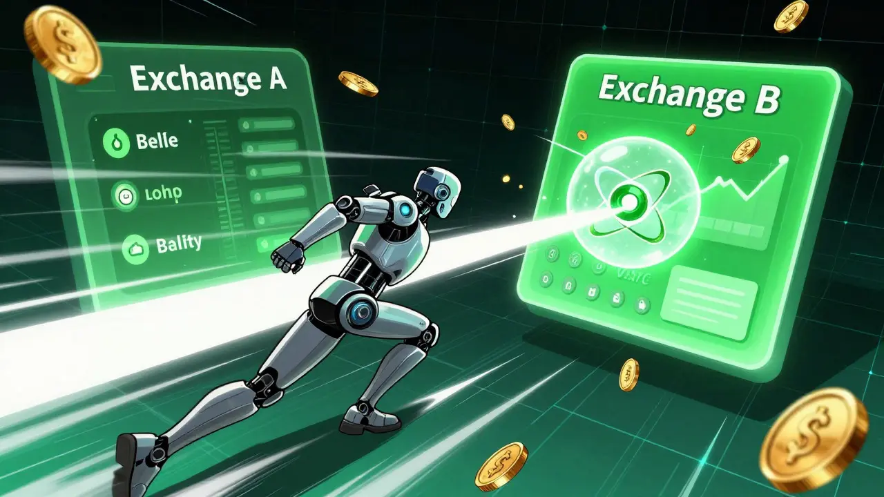Anime robot executing fast arbitrage trade between exchanges