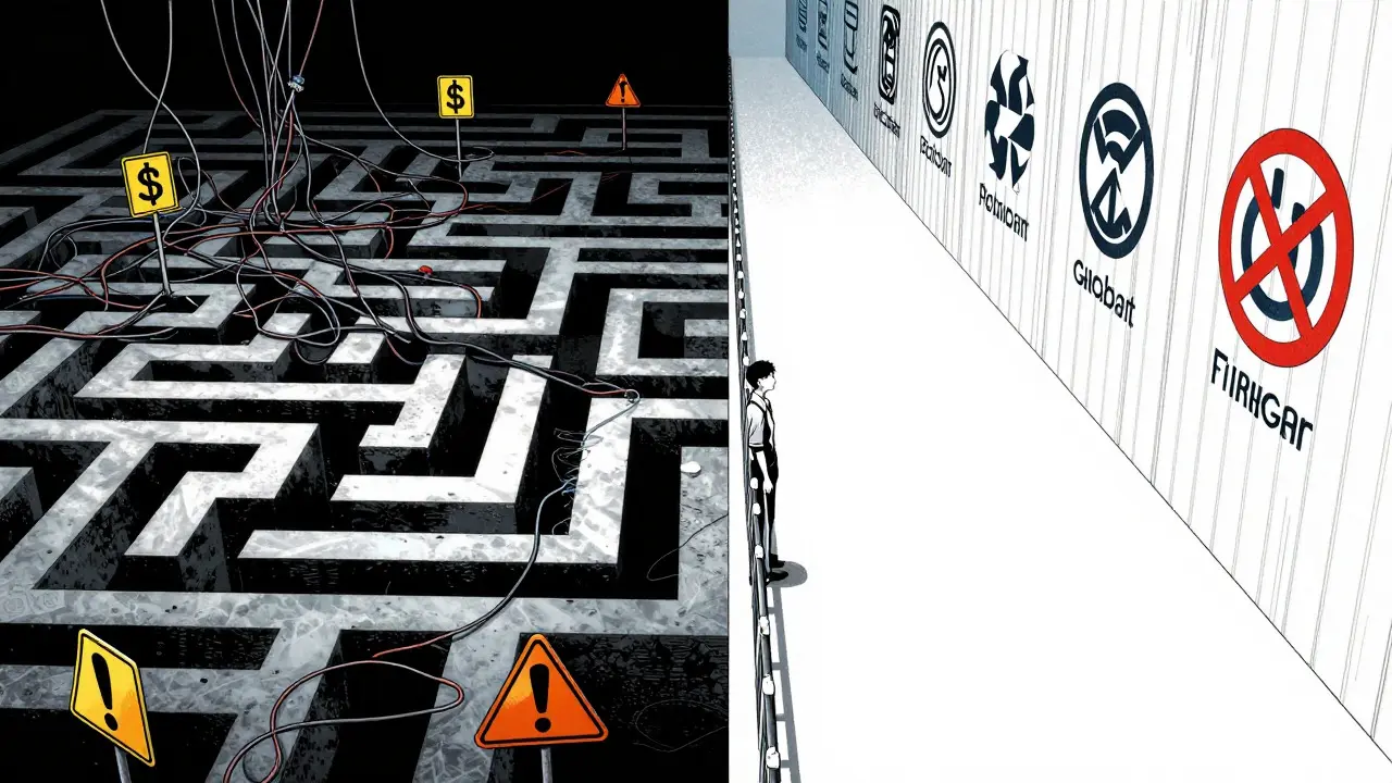 Character facing barrier between chaotic underground market and clean path