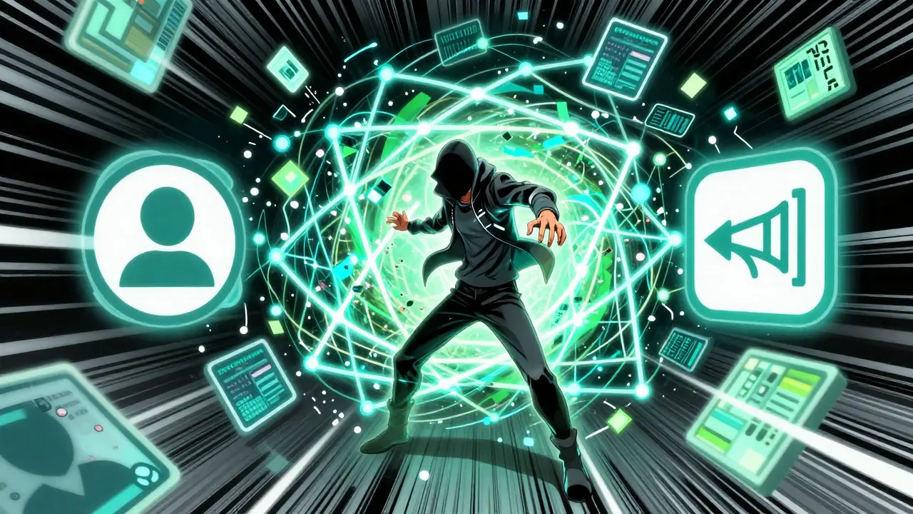 Character shuffling encrypted data packets to visualize transaction mixing.