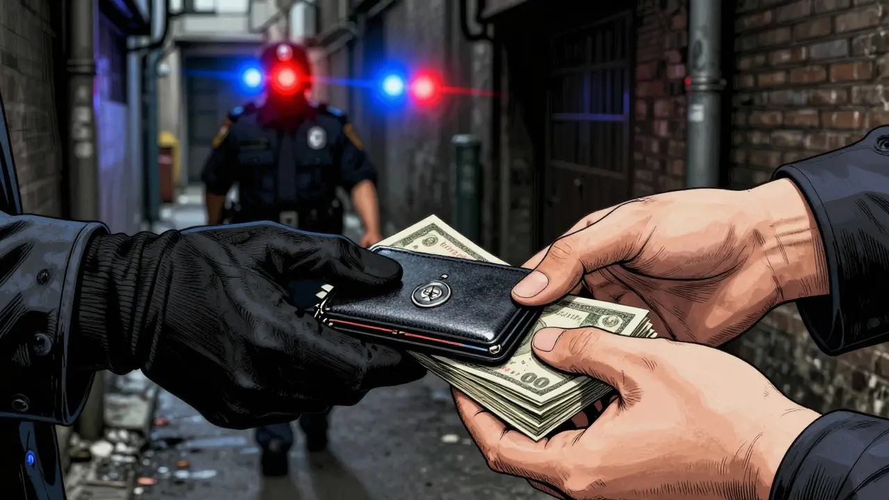 Close up of hands exchanging hardware wallet for cash in dark alley