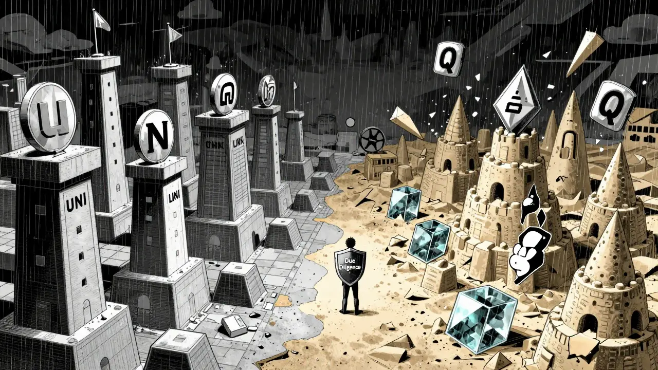 Comparison of stable crypto towers vs crumbling obscure token castles