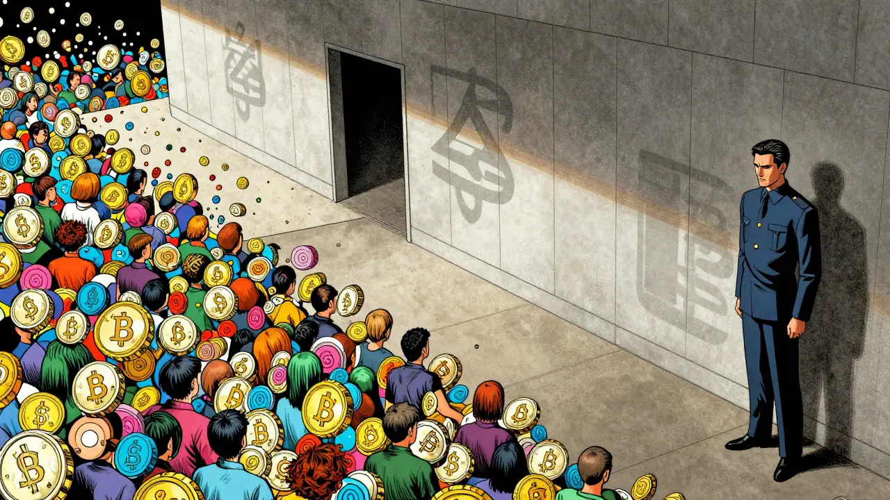 DeFi tokens flowing against a wall of regulatory barriers