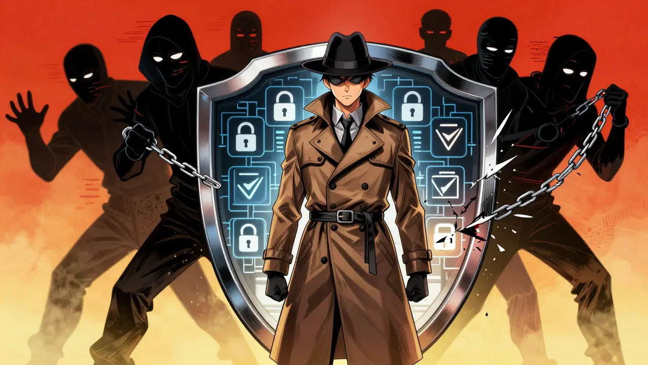 Detective anime character blocking digital scam threats