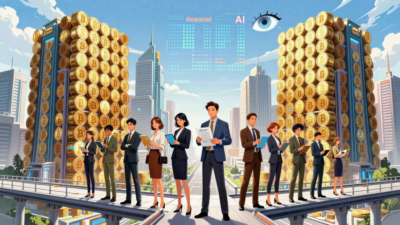 Futuristic anime city built of crypto tokens with people managing records