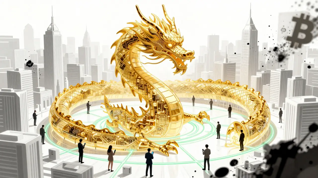 Golden digital dragon controlling city finance in manga style