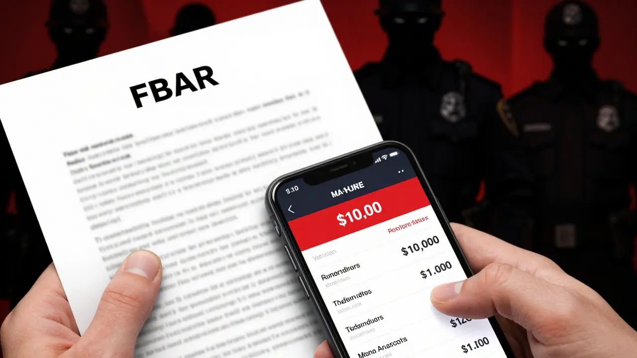 Hand holding FBAR form near crypto balance warning