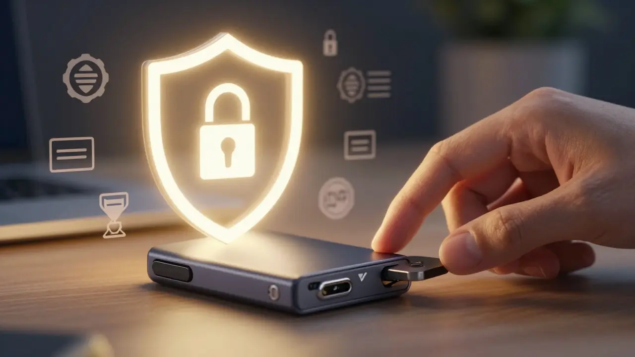 Hardware wallet and shield symbolizing secure crypto storage
