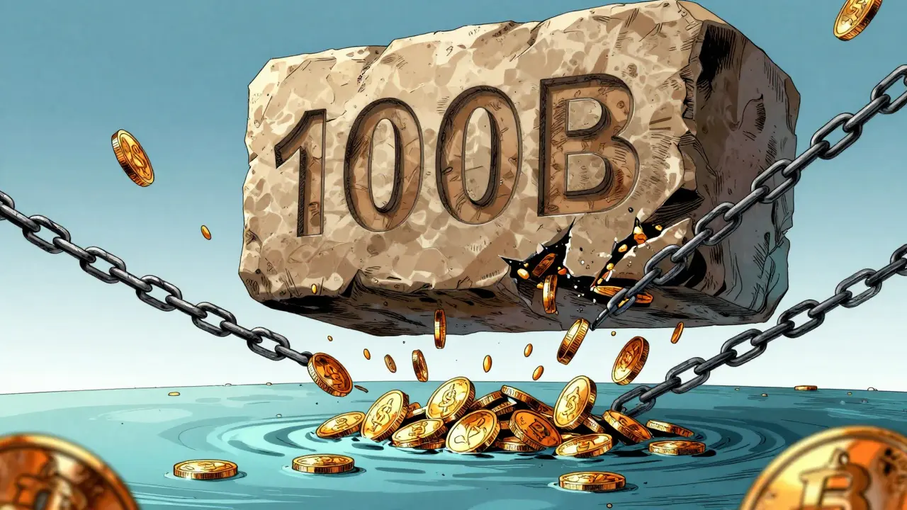 Heavy stone block releasing coins into a pool, symbolizing supply