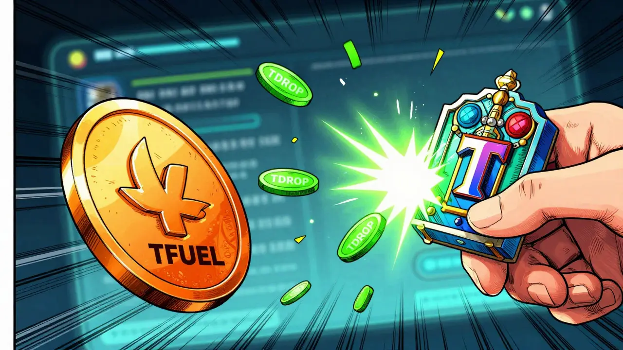 Manga art showing TFUEL exchange triggering automatic TDROP rewards