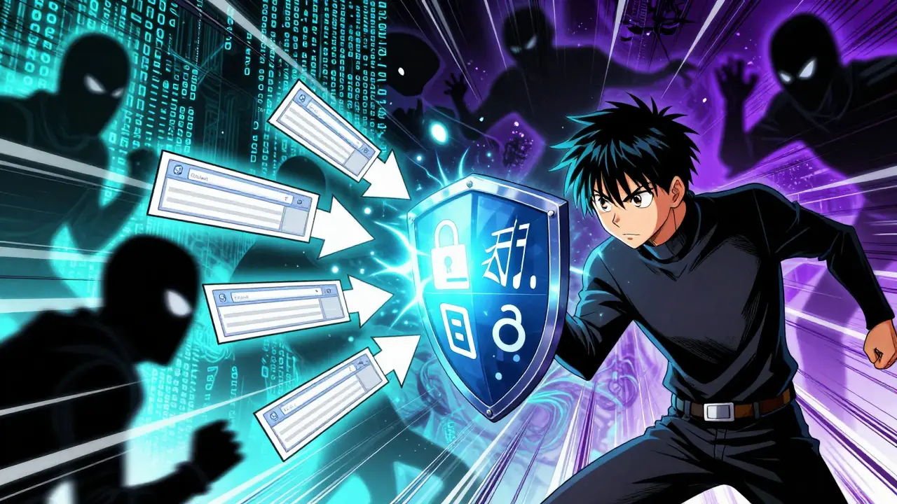 Manga character blocking phishing attacks with a digital security shield