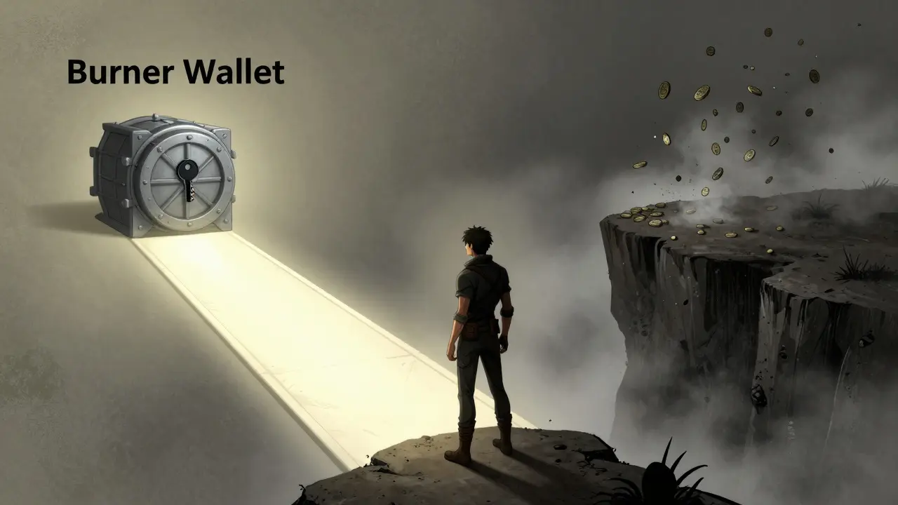 Manga figure choosing the safe burner wallet path over a risky cliff