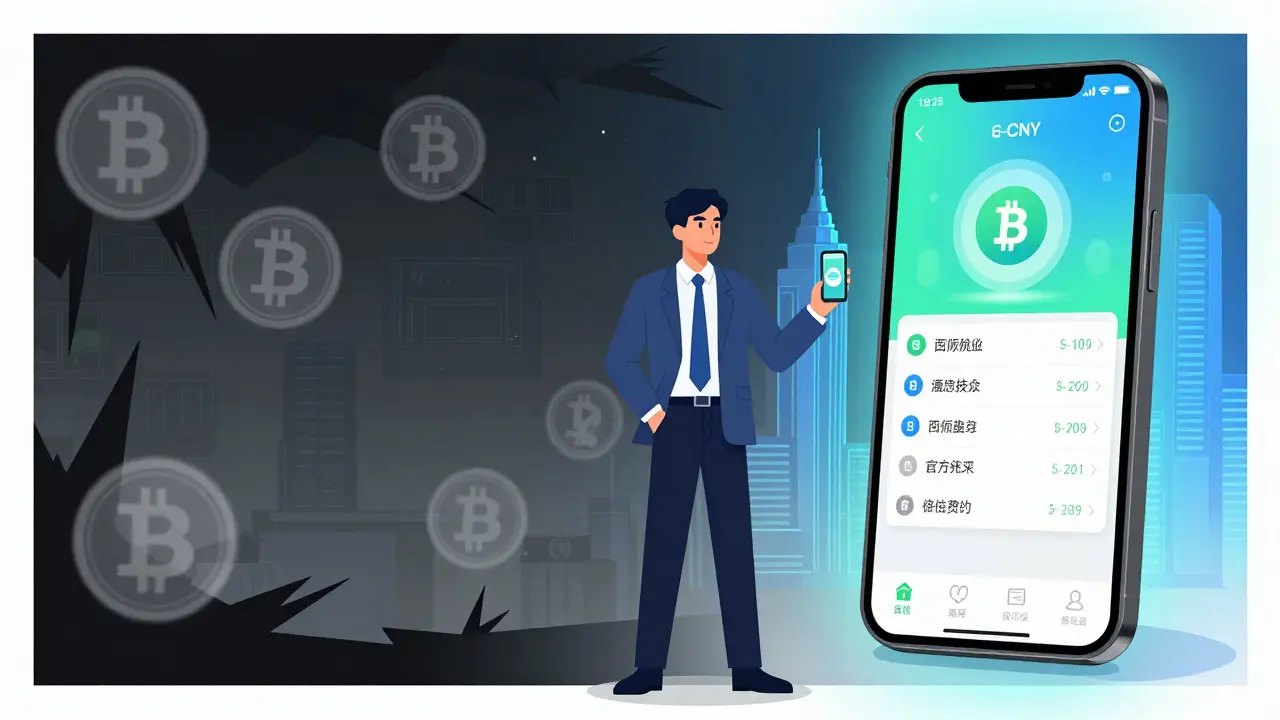Manga illustration comparing dark crypto shadows to bright Digital Yuan app